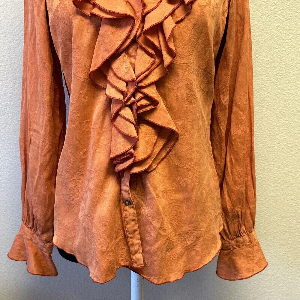 Ryan Michael Small Western Silk Cotton Orange Long Sleeve Ruffle Blouse Top - Picture 3 of 13